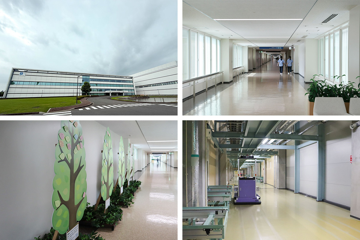 宇都宮工場の現在の延床面積は76,548.47㎡と、東京ドーム1個分。来年稼働予定の新注射剤棟と新バイオ原薬製造棟も中央廊下でつながる。【左上】従業員が出勤してまず入る「10号棟」の外観【右上】各棟をつなぐ中央廊下【左下】中央廊下に置かれた100周年記念の「ありがとうの木」。従業員が周囲への感謝の言葉を書き込む【右下】中央廊下1階は自動搬送車が走る