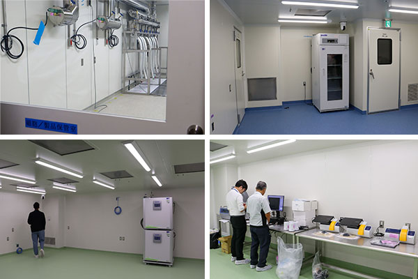 【再生医療等製品の製造・研究施設(iPark CPC)の様子】〈写真:4枚の写真で構成された施設内の様子〉左上(調製/製品保管室のクリーンな製造エリアの設備)、右上(クリーンルーム内の機器)、左下(クリーンルーム内の広々とした空間と機器、作業員1名)、右下(クリーンルーム内の実験台での作業、作業員2名と機器)