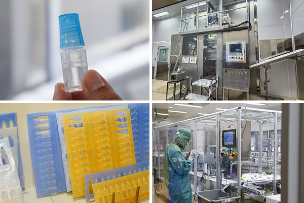 【左上】ディンプルボトル。特徴的なくぼみによって持ちやすさ・点眼しやすさを実現している。能登工場で生産する医療用点眼薬の6割がこのボトル。患者自身が使用開始時に中栓に穴をあけるボトルパックと異なり、製造過程で穴あけを行う【右上】BFSの機械(ボトルパック用)。機械中央に金型と充填機がある【左下】BFSで充填した製剤はシート状(写真はサンプル)。1本ずつ切り離してからキャップを取り付ける【右下】キャップをつける前の検査確認