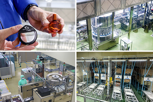【左上】能登工場で生産しているOTC製品(容器サンプル)【右上】第2棟のOTC製品の充填工程。青いホルダーで容器を支えて直立させ、エアー洗浄や薬液の注入を行う【左下】第2棟包装ライン【右下】第2棟の倉庫