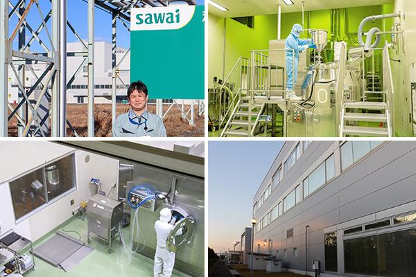 【左上】案内してくれた池田さん。奥に写るのが第2製剤棟【右上】第2製剤棟の攪拌造粒機。約600リットル仕込み量のものが2台あるという(沢井製薬提供)【左下】コーティングの機械。製品の切り替え作業中。多品種生産の最適化を実現するために、効率的な切り替え作業を追求している【右下】品質管理部なども入る第4製剤棟