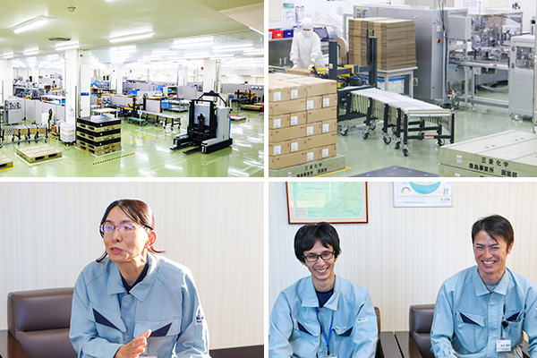 【上段】包装ラインは女性が中心包装ラインは女性も多く活躍している。旧社以前の備品も大切に使う文化がある(左上は沢井製薬提供)【左下】製造部長の田谷さん【右下】ラインチーフの田村さん(右)と安藤拓実さん(左)。安藤さんは田村さんら先輩の背を見てチーフを目指したと話す