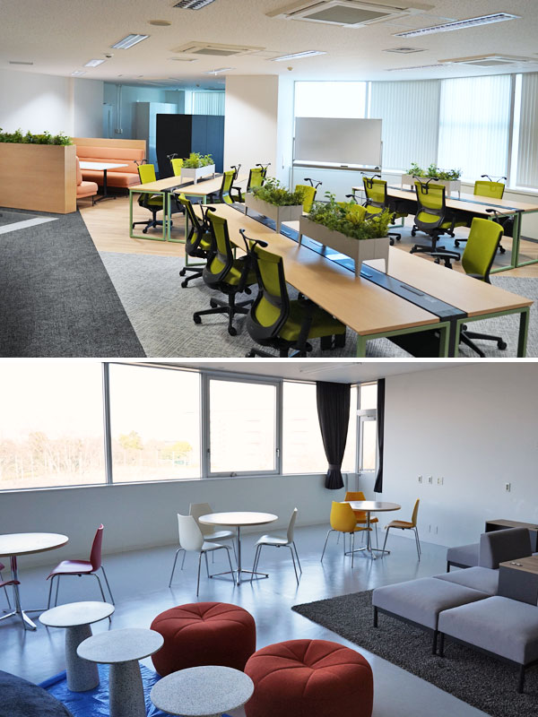 SakuLab-Tsukubaの共用オフィスとラウンジの写真（2枚）