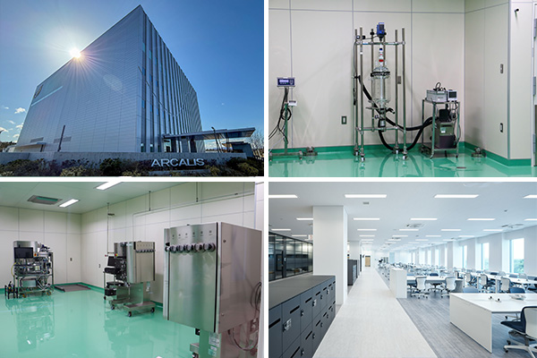 【左上】南相馬事業所外観【右上】原薬製造棟のmRNA合成装置。数時間で数百万回分を作ることができる【左下】mRNAの精製はクロマトグラフィーなどを使う。原薬ができるまでは約1週間【右下】原薬棟4階は事務フロア（同社提供）