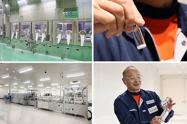 【左上】無菌充填を行うエリア。充填後は必要に応じて凍結乾燥を行う【右上】凍結乾燥後のバイアル（写真は2doseサンプル）【左下】ラベリングを行う装置。カルテに貼るための剥離可能なシールも作る【右下】包装されたサンプル品を持つ製造部ヘッドの茨木淳巳さん。検査を含めて充填から包装までは2週間弱