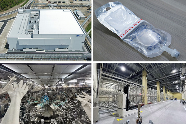 抗菌薬注射剤棟。【左上】外観【右上】製造しているダブルバッグ製剤のサンプル。溶解液部分を押すと、隔壁が破れて薬剤と溶解液が混ざり合う【左下】充填室【右下】倉庫エリア。無人フォークリフトを導入して自動化を進めている（右上以外は提供写真）。