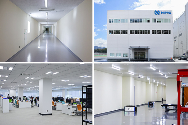 一般注射剤棟。鏡石工場で地震による生産停止を経験したことを踏まえ、免震構造を採用【左上】セントラルスパイン【右上】管理厚生QC棟。従業員はここからそれぞれの勤務場所に移動する【左下】管理厚生QC棟の事務エリアはフリーアドレス【右下】スマートAGV。取材時は走行テストが行われていた。