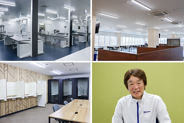 【左上】QCエリア【右上】カフェテリア。将来的には食堂としてオープンしたい考え【左下】Web会議などにも対応した執務エリア【右下】案内してくれた高井さん