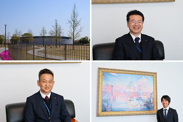 【左上】水処理施設【右上】工場長の尾形さん。製造課全メンバーとのキャリア面談も行うという【左下】吉田さん。稼働当初の製造課メンバー7人のうち1人【右下】藤田さん。一般用医薬品の工場、生産技術部門を経て北島工場へ異動した。後ろの絵画は陶板